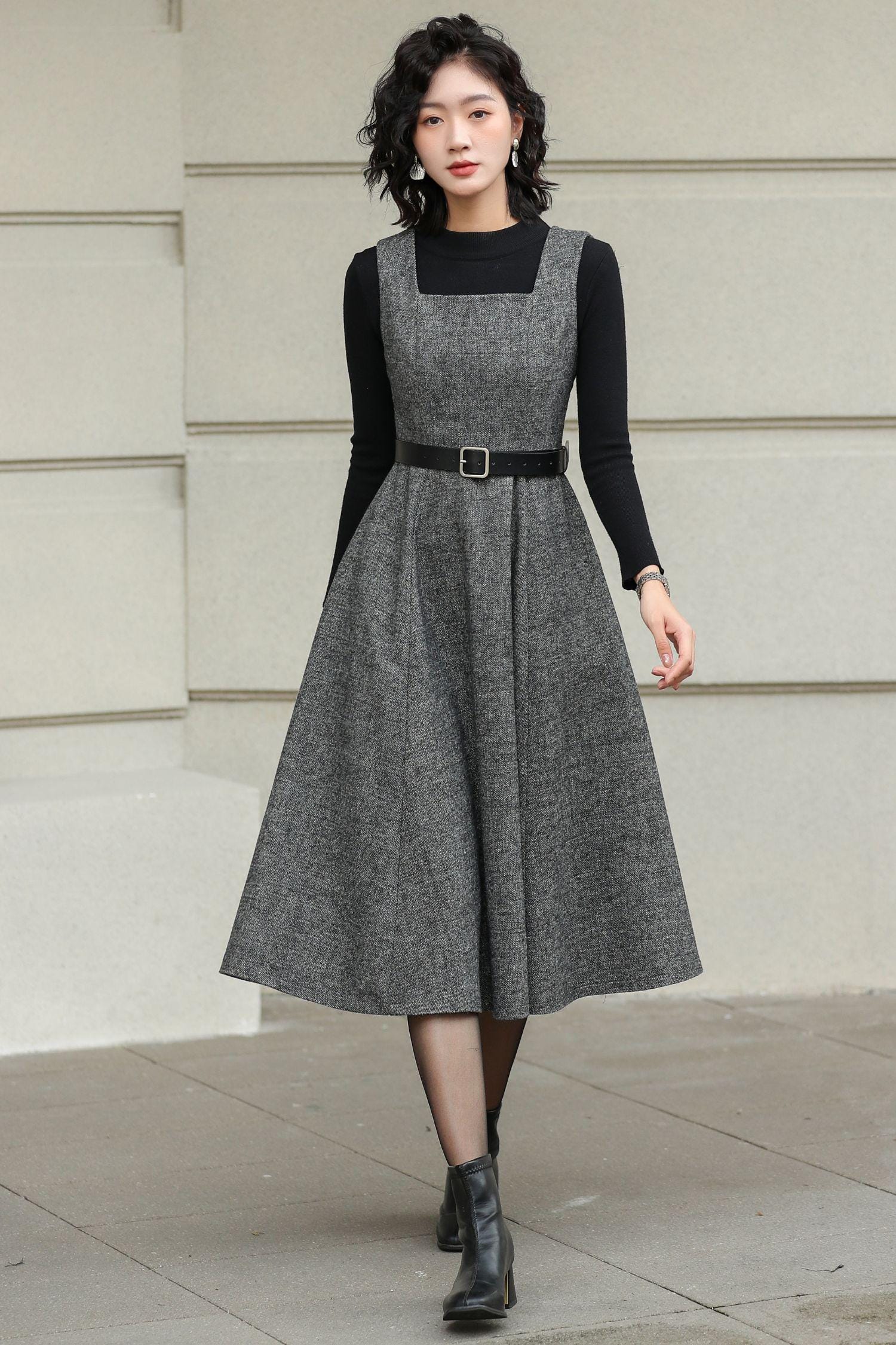 Vintage Inspired Wool Pinafore Dress: Grey Tweed A-line Midi