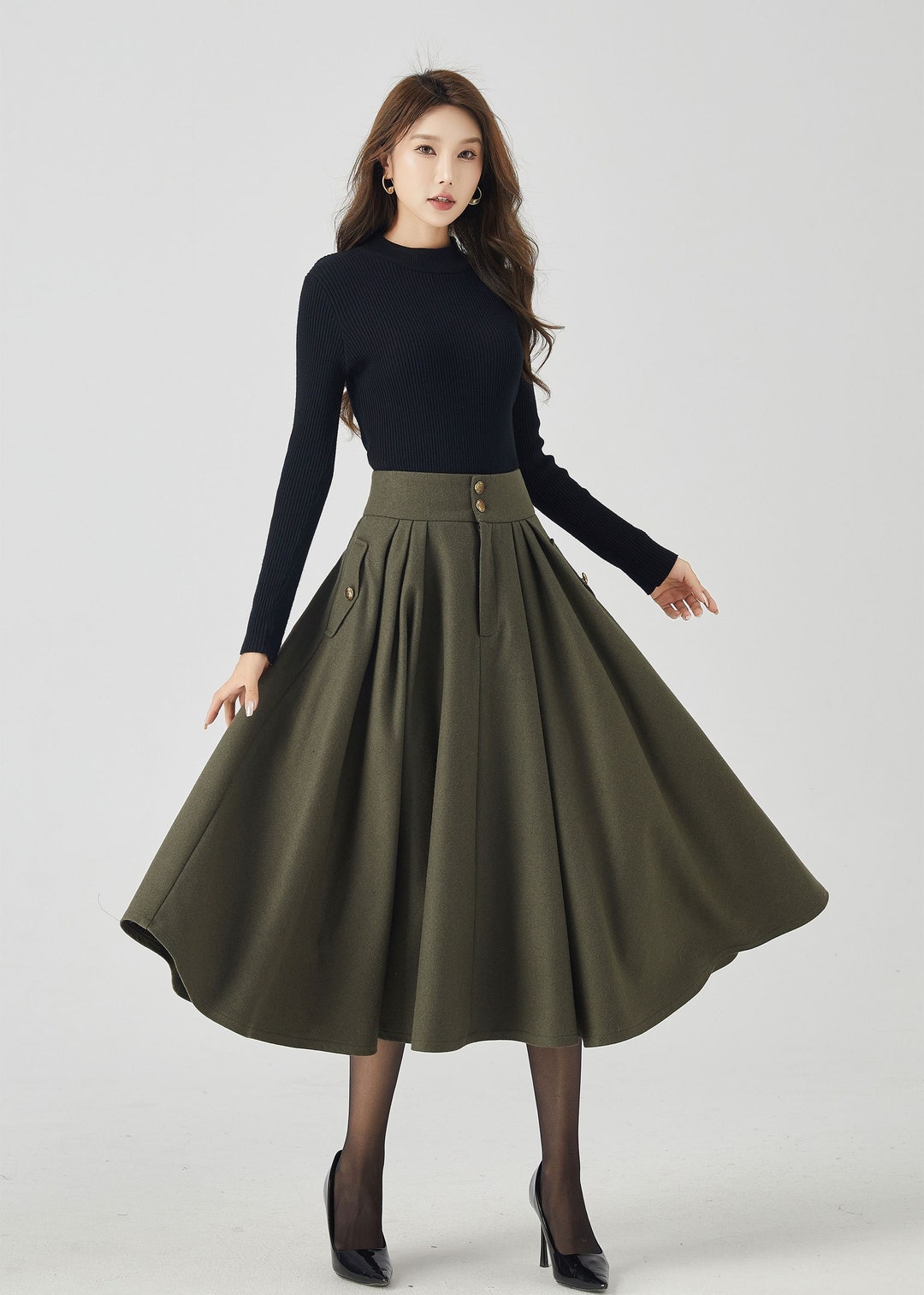 Midi Wool Skirt, Pleated Wool Skirt, Army Green Wool Skirt, Womens ...