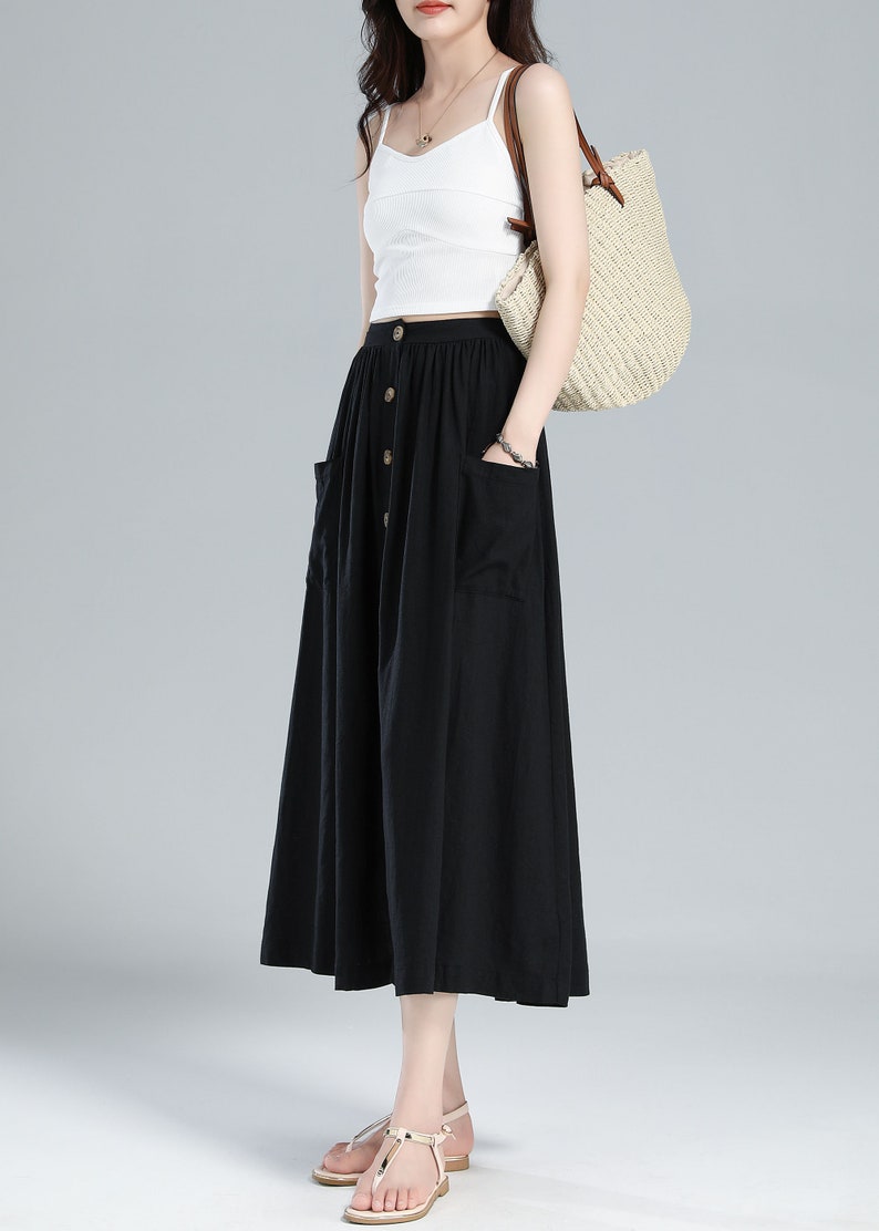 Elastic Waist Button Front Linen Midi Skirt Pleated Swing - Etsy