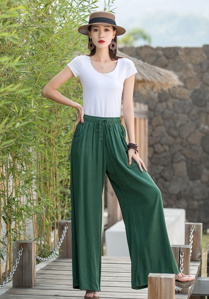 Palazzo Pants, Green Casual Pants, Elastic Waist Wide leg Linen Pants, Long Trousers, Loose Fit Pants, Xiaolizi, Plus Size Palazzo 2879 image 6