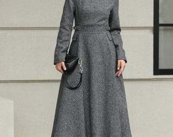 Gray Wool-blend Midi Dress: Long Sleeve Fit-and-flare Winter Dress