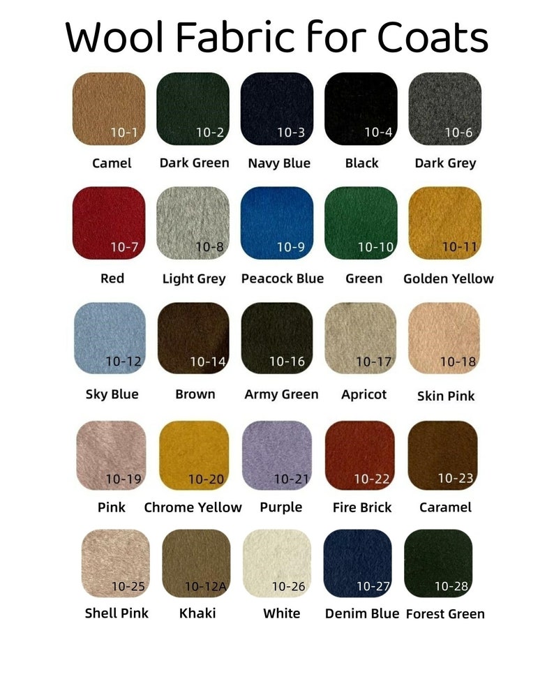 May include: A color chart of 28 different wool fabric swatches for coats. The swatches are arranged in rows of five, with each swatch labeled with a number and a color name. The colors include camel, dark green, navy blue, black, dark grey, red, light grey, peacock blue, green, golden yellow, sky blue, brown, army green, apricot, skin pink, pink, chrome yellow, purple, fire brick, caramel, shell pink, khaki, white, denim blue, and forest green.