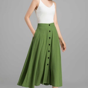 Button-Down Linen Midi skirt, A-Line swing skirt, Linen skirt, Green skirt, Women skirt, High waisted Skirt with pockets, Summer skirt 2368 image 4