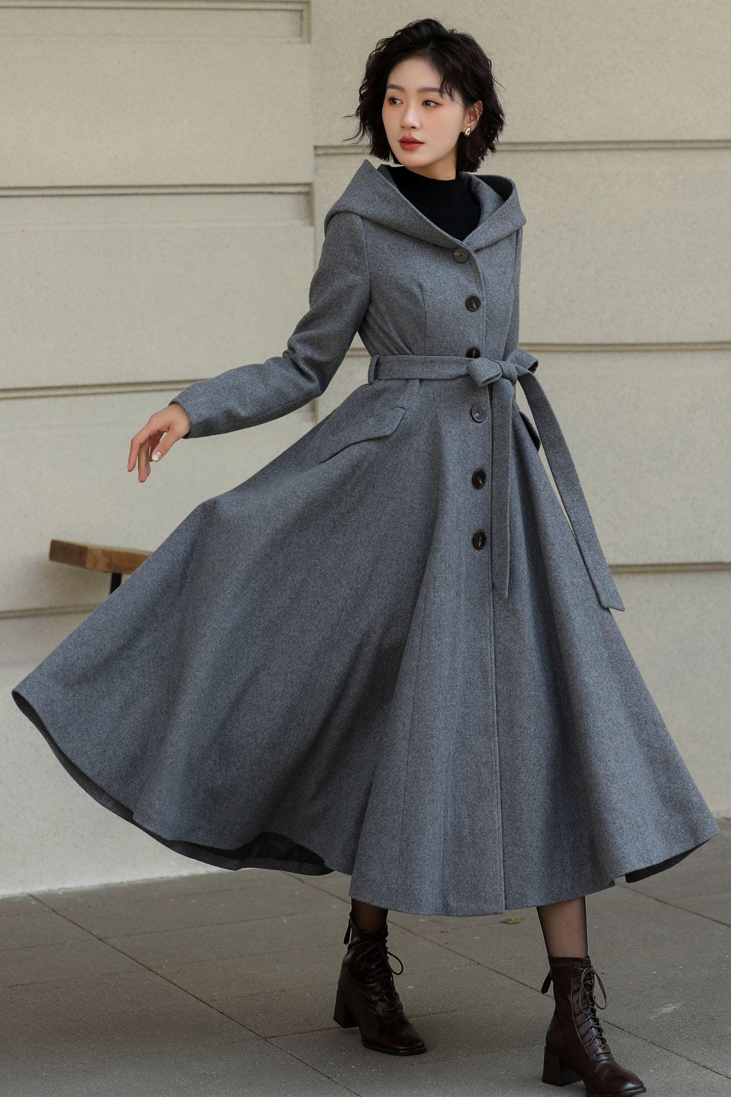 Gray Wool Maxi Coat: Hooded Belted Trench, A-line Swing, Custom