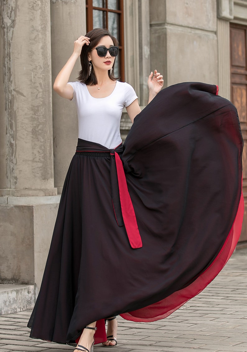 Black Long Chiffon Maxi Skirt Women, Swing Full Circle Skirt, Boho Maxi Skirt, Elastic Waist Chiffon Skirt with Sash, Plus Size Skirt 2714 image 4
