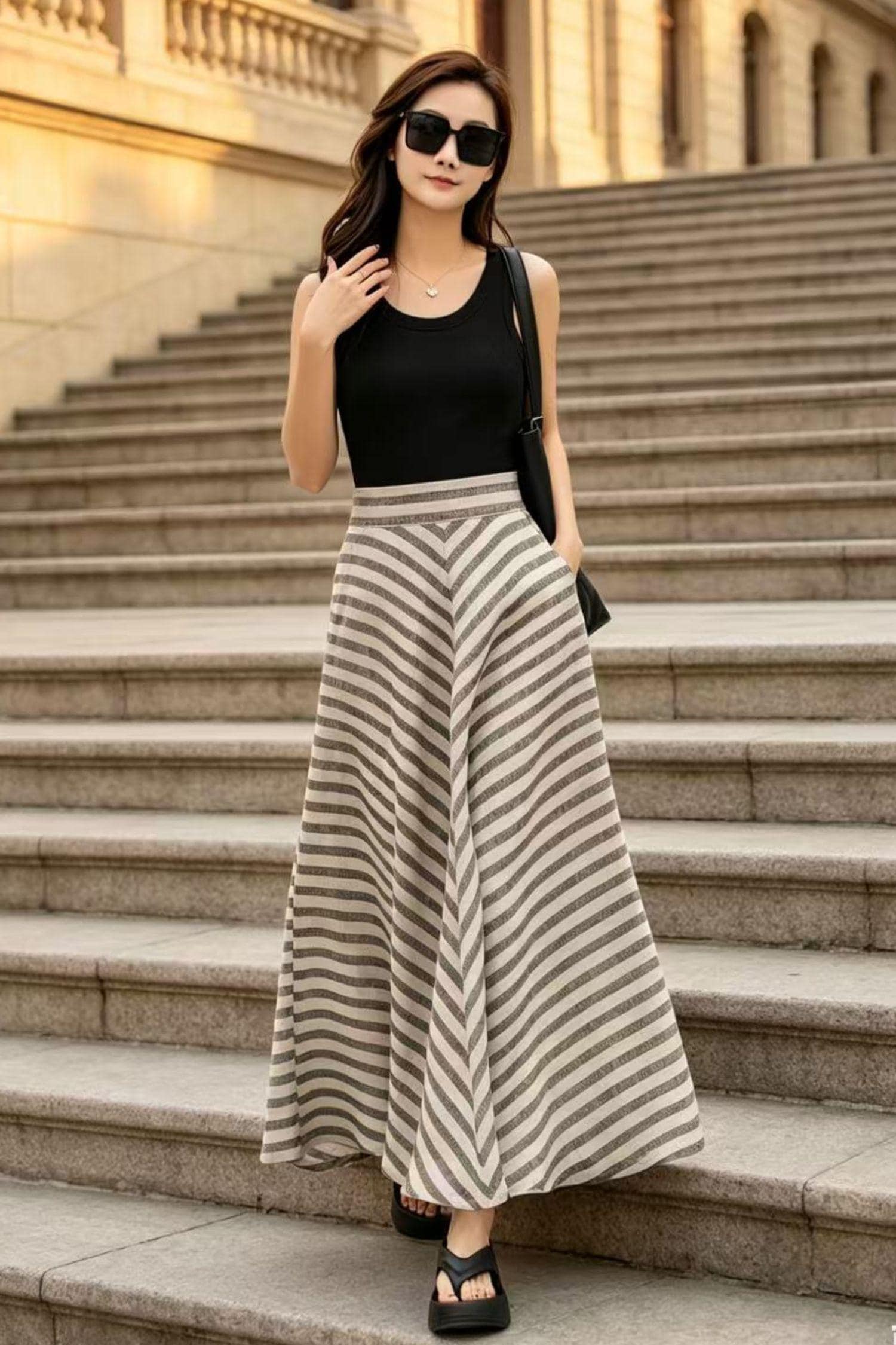 Women's Striped Midi Skirt Chouyatou Women's Vertical Striped
