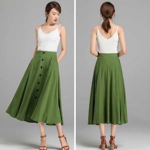 Button-Down Linen Midi skirt, A-Line swing skirt, Linen skirt, Green skirt, Women skirt, High waisted Skirt with pockets, Summer skirt 2368 image 6