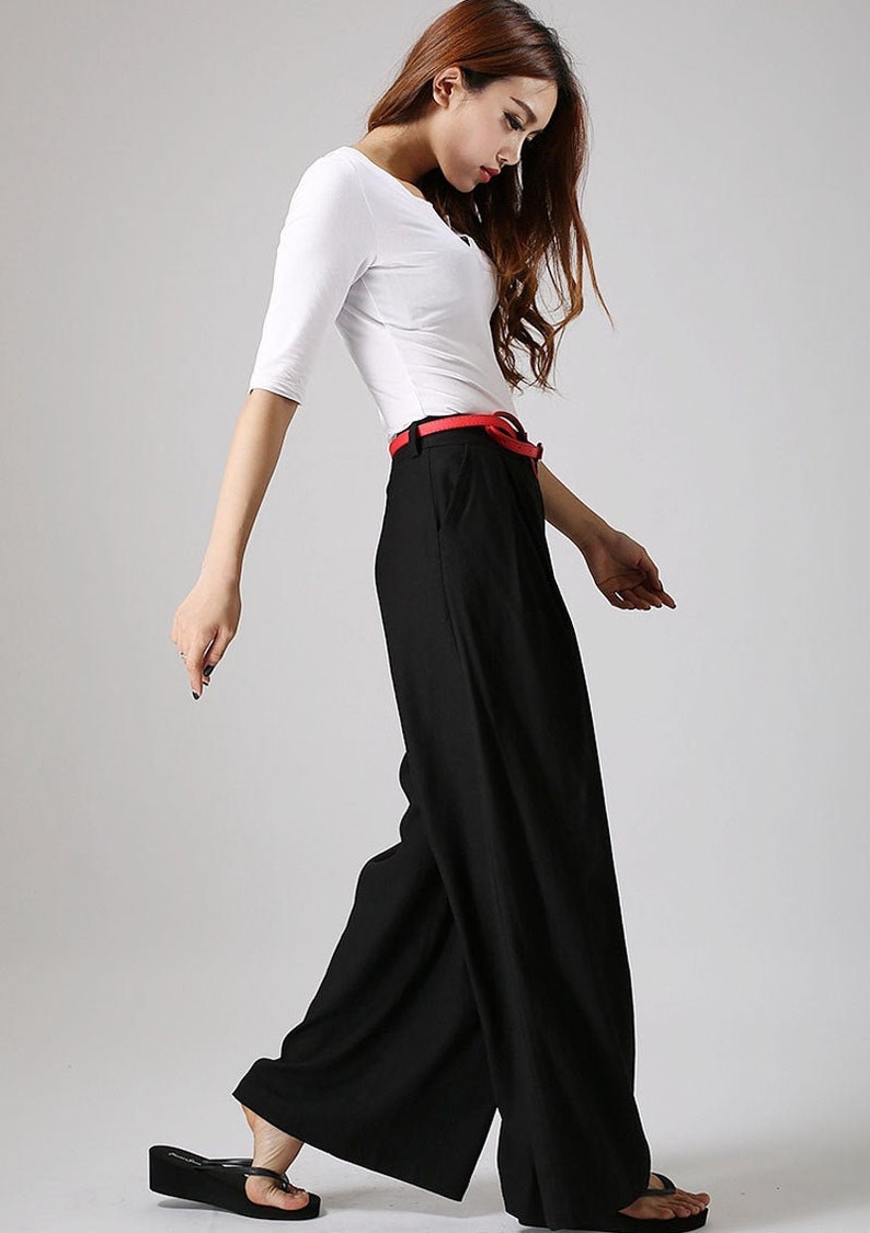 Black linen pants outfit summer casual street styles, Women's Wide leg linen pants with pockets, Long linen palazzo pants 0873 image 1