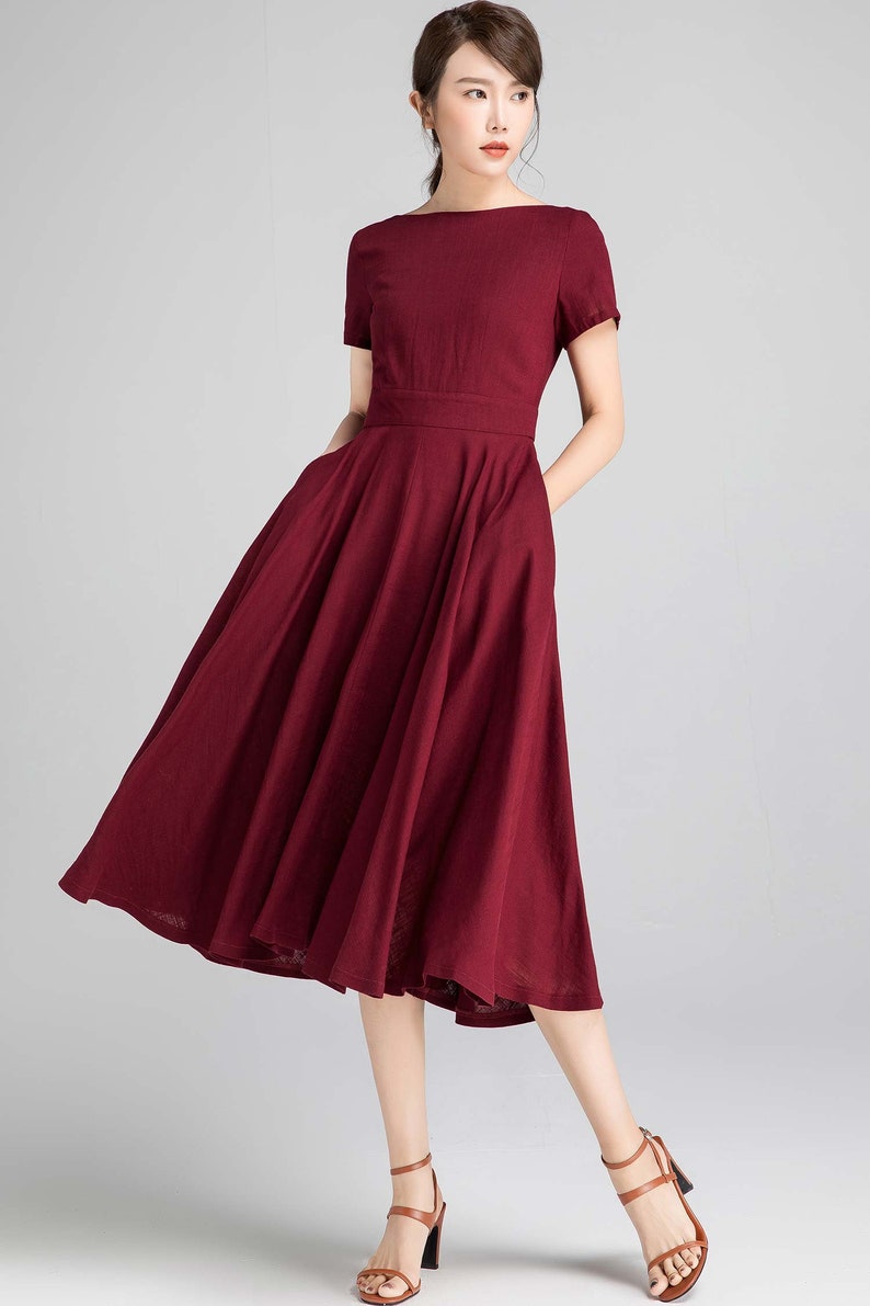 Fit and flare Midi dress in Burgundy Boat Neck swing Dress | Etsy