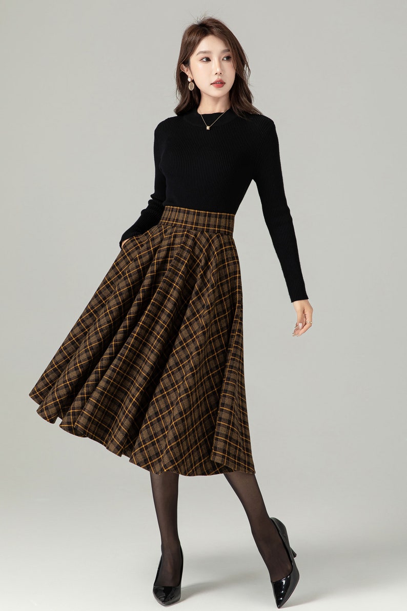 Jupe midi à carreaux en laine, Jupe trapèze en laine, Jupe cercle en laine, Jupe hiver automne femme, Jupe taille haute en laine, Jupe en laine tartan rétro 4498 image 4