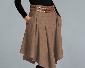 Winter Asymmetrical Wool Skirt Women, Pleated Wool Midi