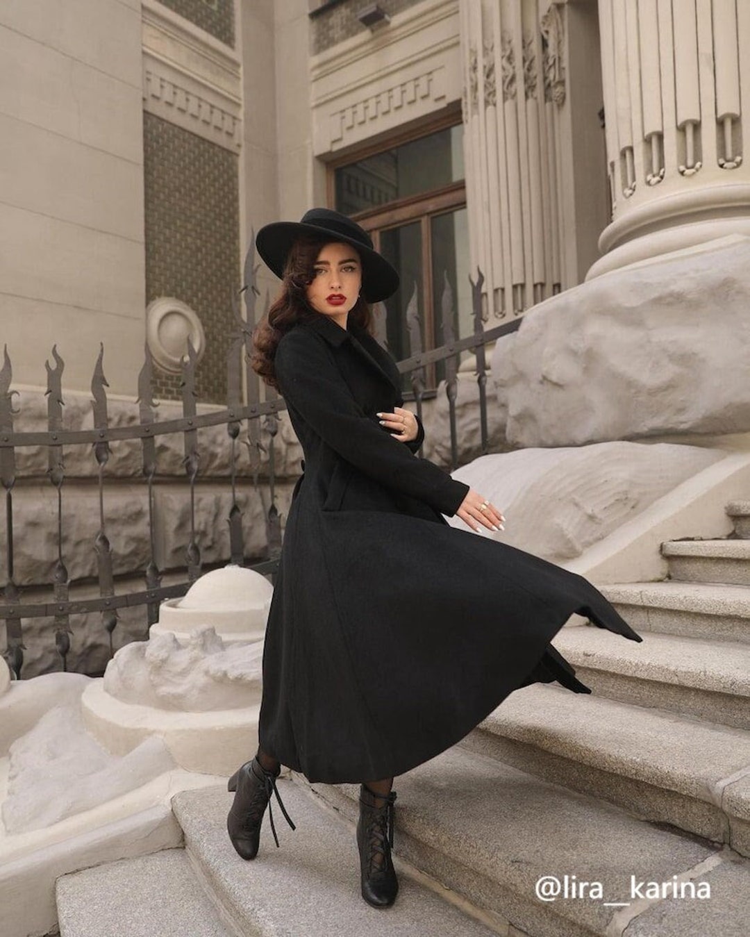 Vintage Inspired Long Wool Coat in Black, Winter Fall Wool Vintage Inspired Long Wool Coat in Black, Winter Fall Wool