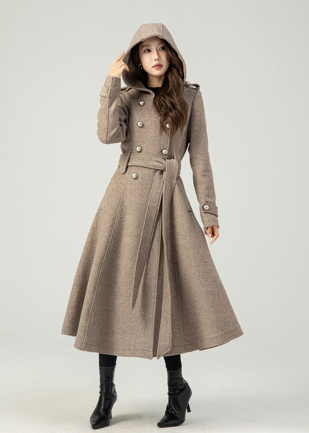 Hooded Wool Coat, Long Wool Coat, Double Breasted Coat, Trench Wool