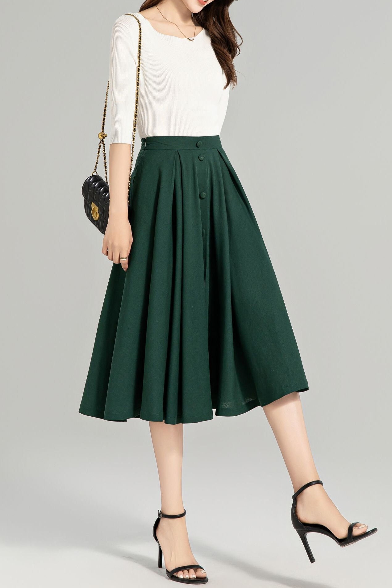 Linen Skirt, Green Swing Skirt, Midi Linen Skirt Women, Button