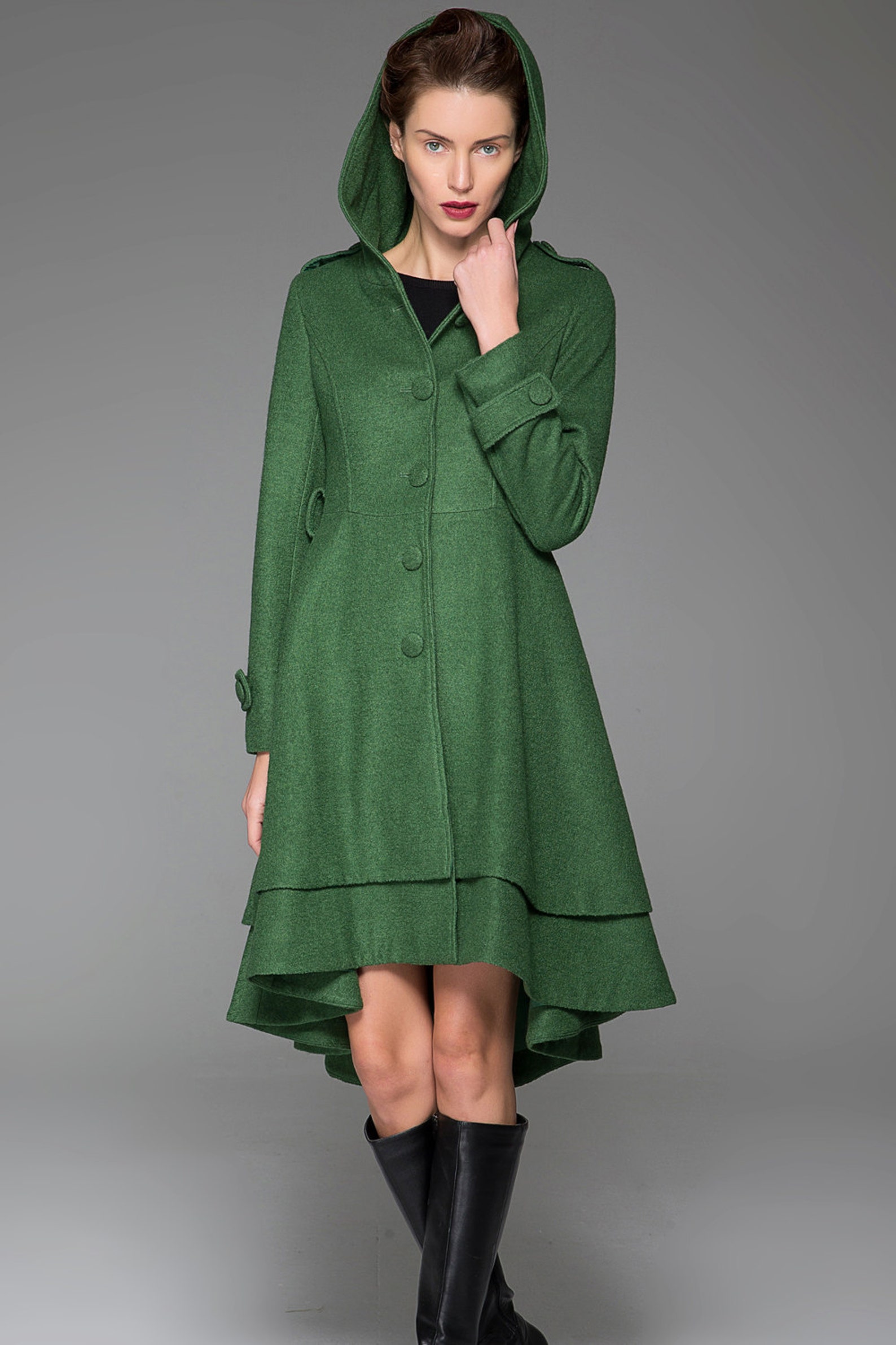 Hooded Asymmetrical wool coat Green coat winter coat women Etsy