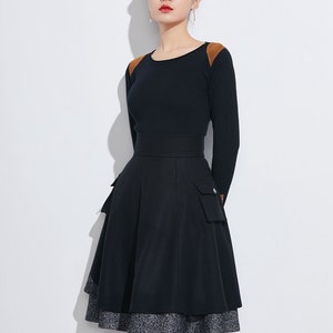 Winter Skater Wool Skirt Women, Wool Midi Skirt with Pockets, High Waist Layered Skirt, Patchwork Skirt, Wool Circle Skirt, Xiaolizi 1627 2-black-2328#