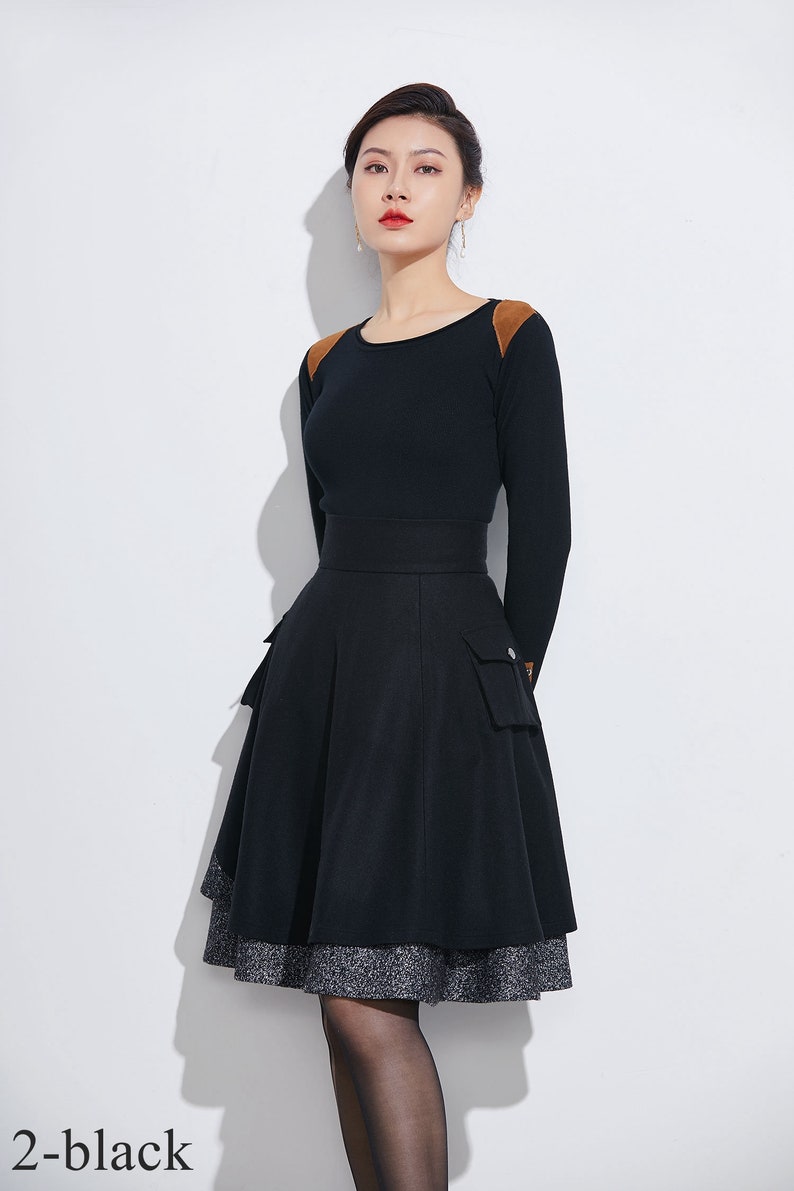 Winter Skater Wool Skirt Women, Wool Midi Skirt with Pockets, High Waist Layered Skirt, Patchwork Skirt, Wool Circle Skirt, Xiaolizi 1627 2-black-2328#