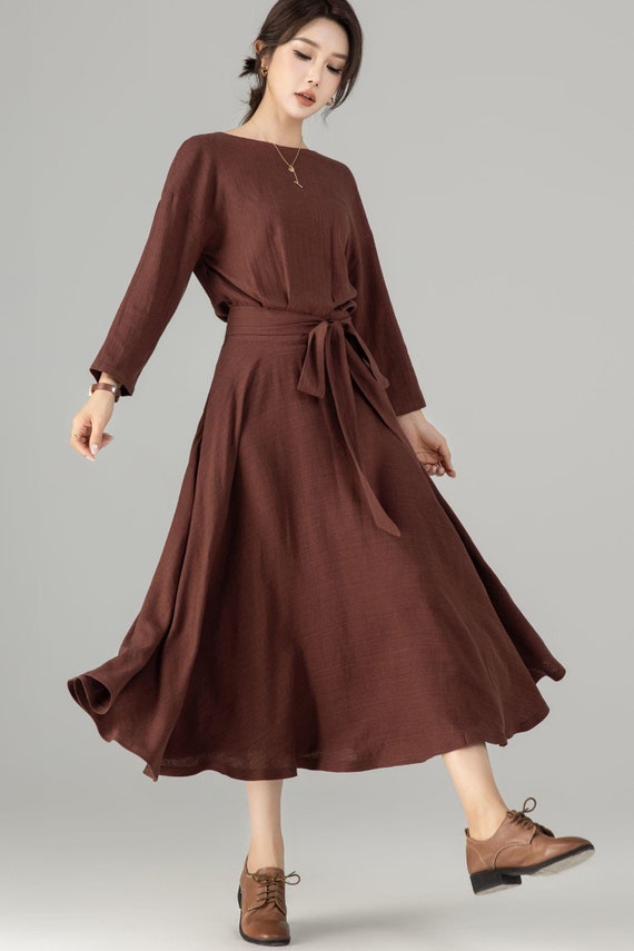 Linen Summer Midi Dress | L Brown Long Sleeves 5704 Handmade By Xiaolizi Linen Summer Midi Dress | L Brown Long Sleeves 5704 Handmade By Xiaolizi