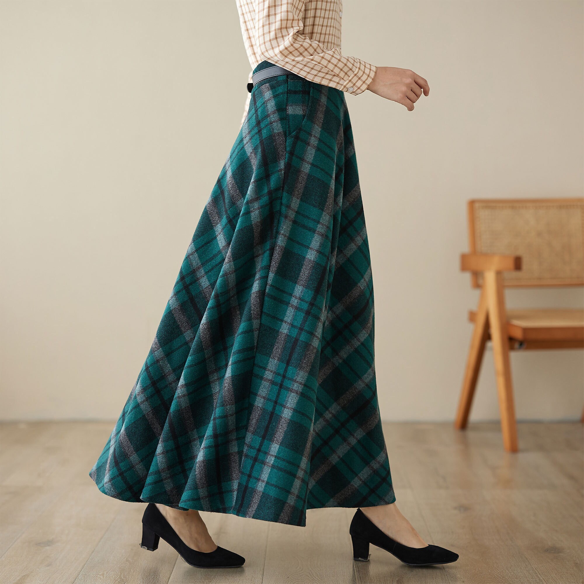 Vintage Inspired Long Wool Plaid Skirt, Maxi Wool Skirt Vintage Inspired Long Wool Plaid Skirt, Maxi Wool Skirt