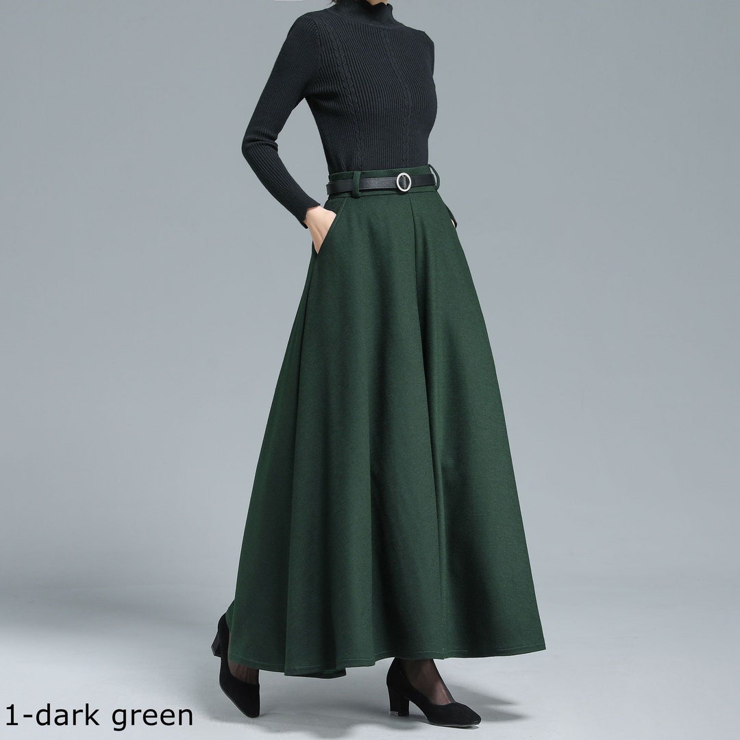Green Maxi Wool Skirt Women, Long Swing Skirt, High Waist Full Skirt ...