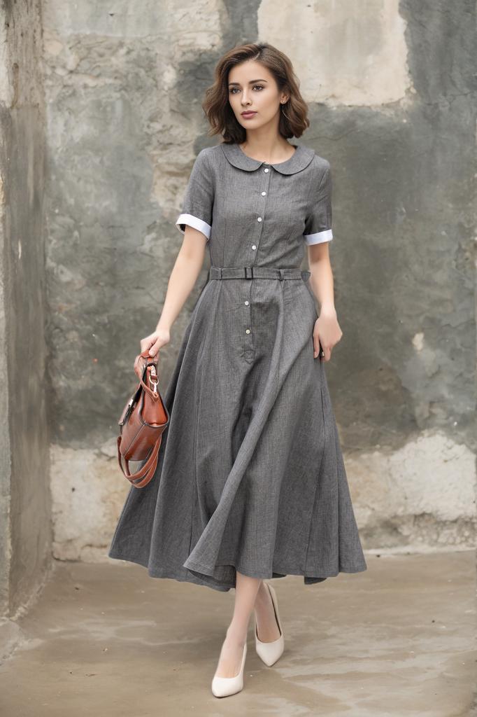 detached sleeve dress グレー S Linen Shirt Dress, Grey Midi Swing Dress, Shirt Dress Women
