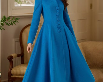 Wool Coat, Midi Wool Coat, Swing Wool Coat, Blue Wool Coat, Long