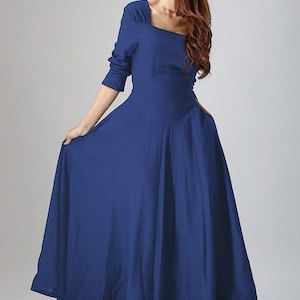Linen dress, Long sleeve Linen Maxi dress with pockets, Women Linen dress, Black Linen dress, Spring autumn dress, Custom dress 0793 2-Blue