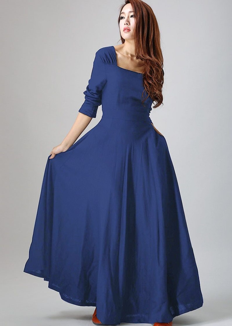 Linen dress, Long sleeve Linen Maxi dress with pockets, Women Linen dress, Black Linen dress, Spring autumn dress, Custom dress 0793 2-Blue