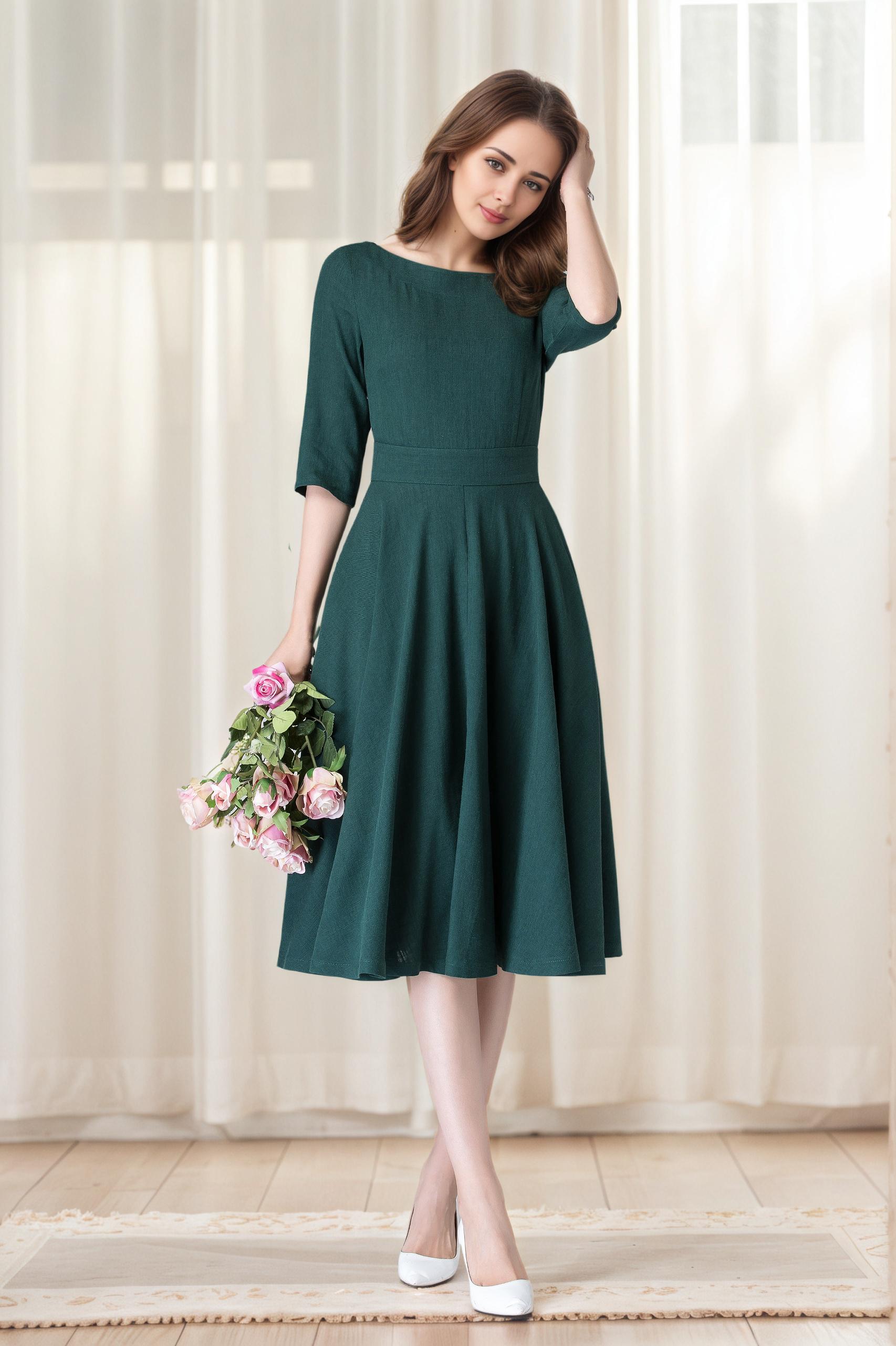 Linen Summer Midi Flare Dress | Xs Green Elegant Fit And Swing Dress, Handmade By Xiaolizi Linen Summer Midi Flare Dress | Xs Green Elegant Fit And Swing Dress, Handmade By Xiaolizi