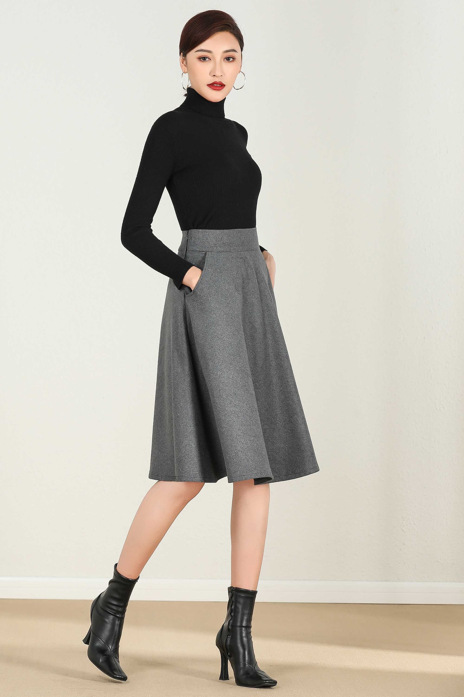 Short A Line Wool Skirt in Gray High Waist Skirt Midi Skirt | Etsy