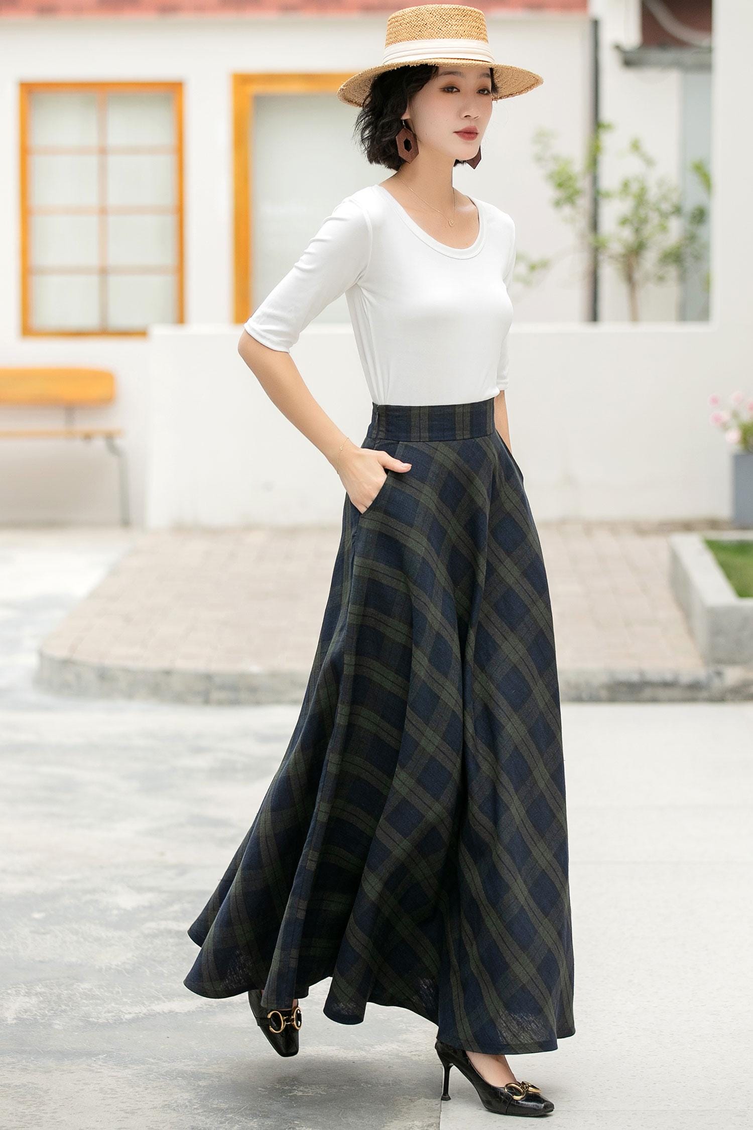 A-Line Plaid Maxi Linen Skirt, Womens Summer spring Long Linen skirt With pockets, Casual Daily skirt, Custom Work skirt, Xiaolizi 6053#