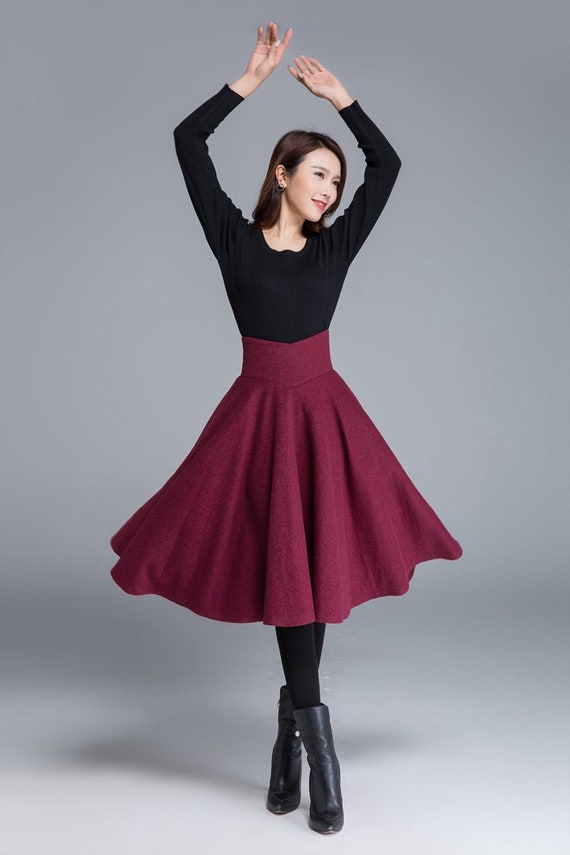 High Waist Flared Midi Skirt in Red, Wool Skirt, Circle Skirt