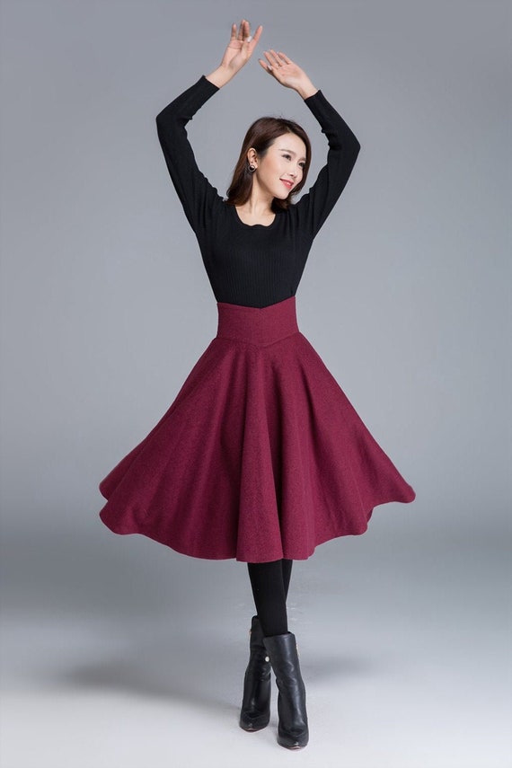 High Waist Flared Midi Skirt in Red Wool Skirt Circle Skirt - Etsy
