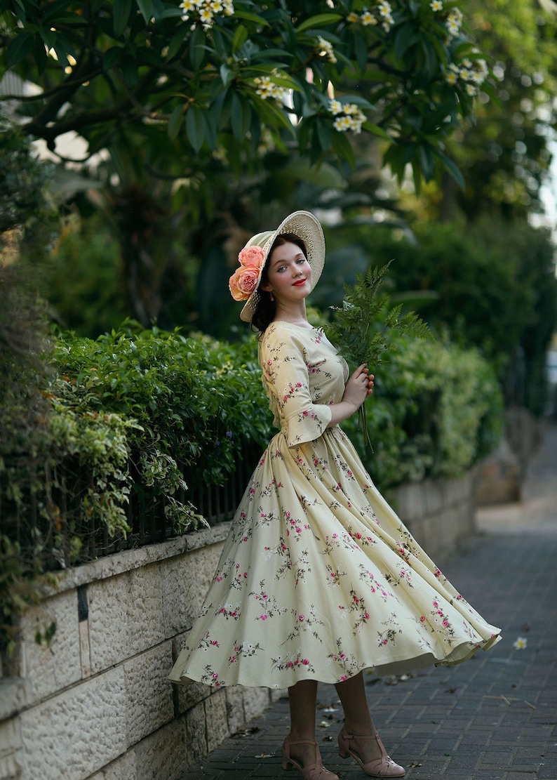 Floral Midi Linen dress, Elbow sleeves Floral Cottagecore dress, Garden party dress, Long linen dress, Spring dress, Modest linen dress 1710 