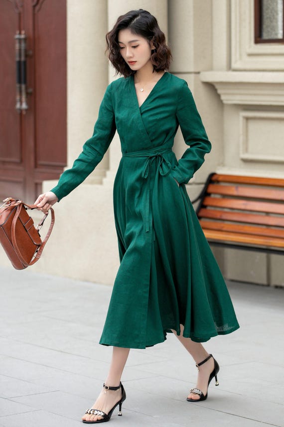 Linen Midi Dress, Wrap Linen Dress, Summer Army Green Linen Dress, Womens Swing Dress, Long Linen Dress, Custom Dress, Xiaolizi 4966 Linen Midi Dress, Wrap Linen Dress, Summer Army Green Linen Dress, Womens Swing Dress, Long Linen Dress, Custom Dress, Xiaolizi 4966