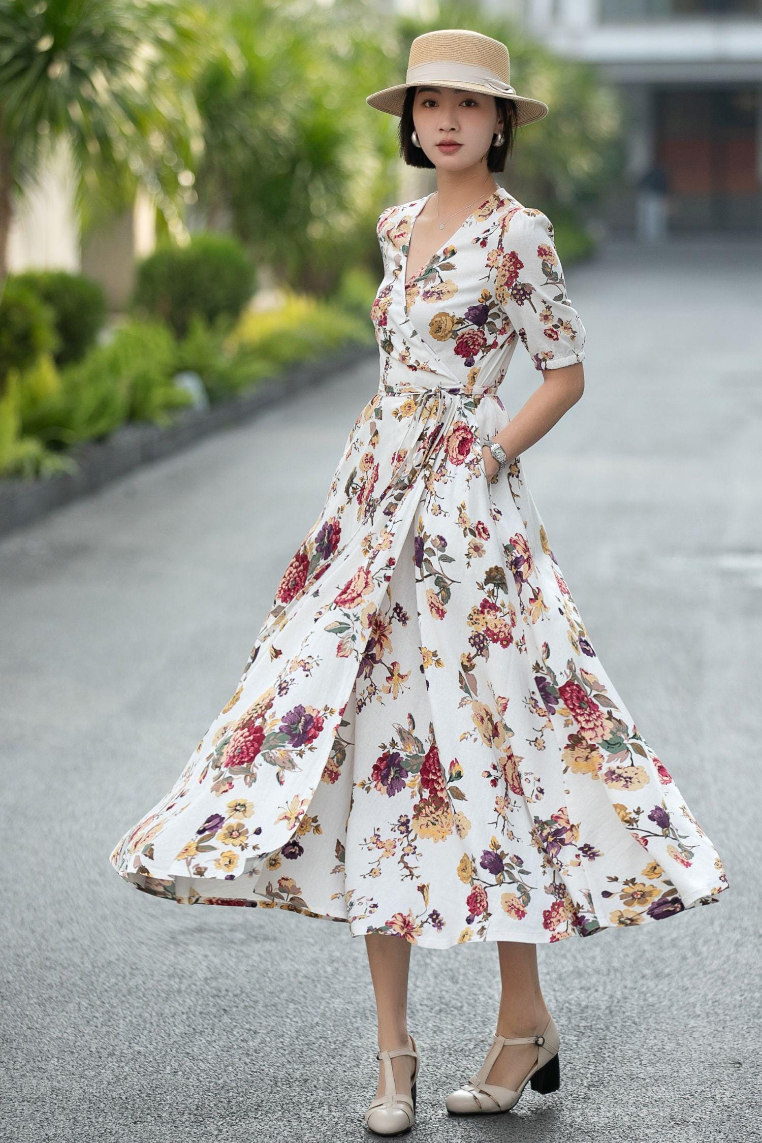summer floral midi dress Floral Linen Cotton Wrap Midi Dress: V-Neck Tie Waist Summer Dress, Custom, Xiaolizi 6667