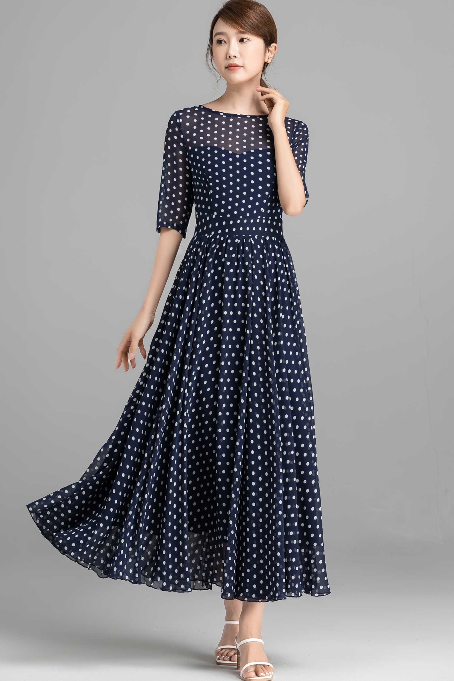 blue polka dot maxi dress