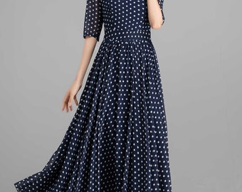 Blue and White Polka Dot Chiffon Maxi Dress, Fit and Flare Chiffon Dress,  Summer Dress, Women Dress, Bohemia Dress, Party Dress 2354# - Etsy