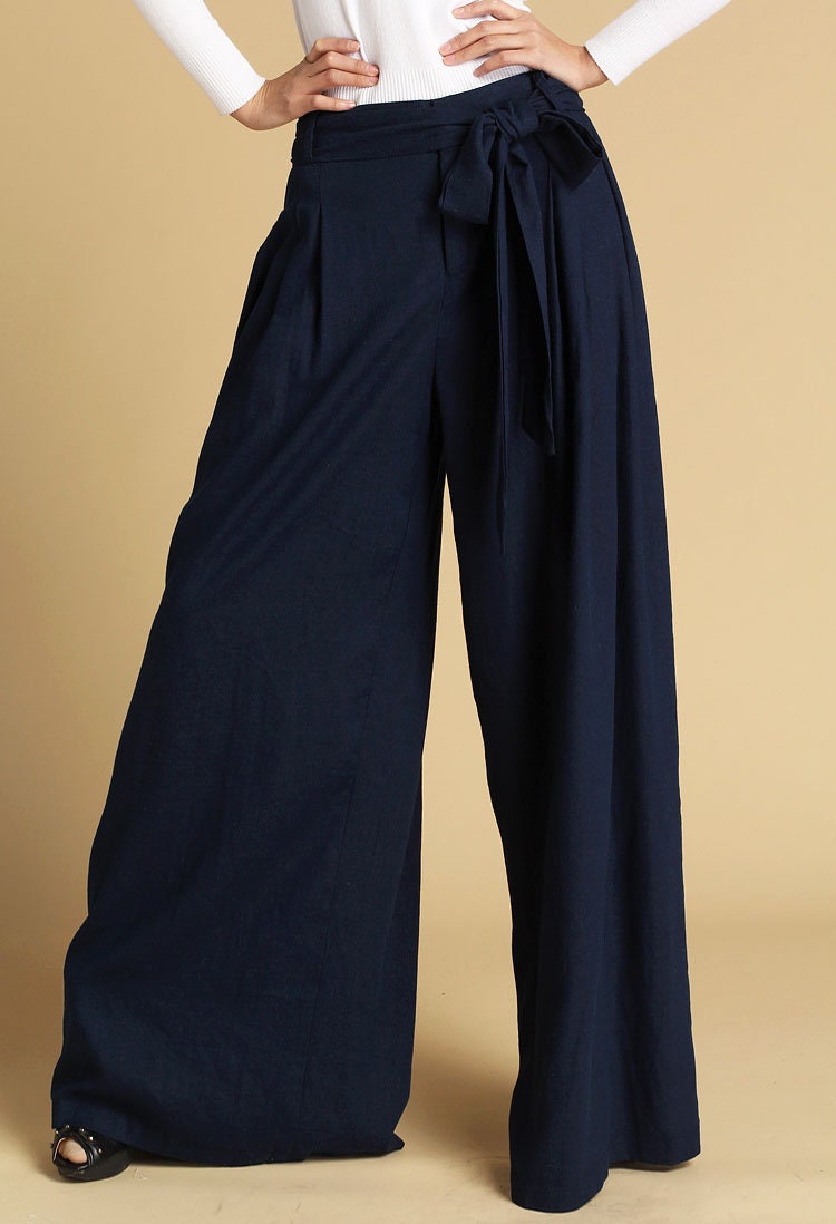 Navy Blue Pants, Linen Pants, Palazzo Pants, Wide Leg Pants