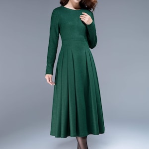 Long black dress, wool dress, winter dress, long women dresses, pleated dress, handmade dress, ladies dresses, long sleeve dress 1614 2-Green