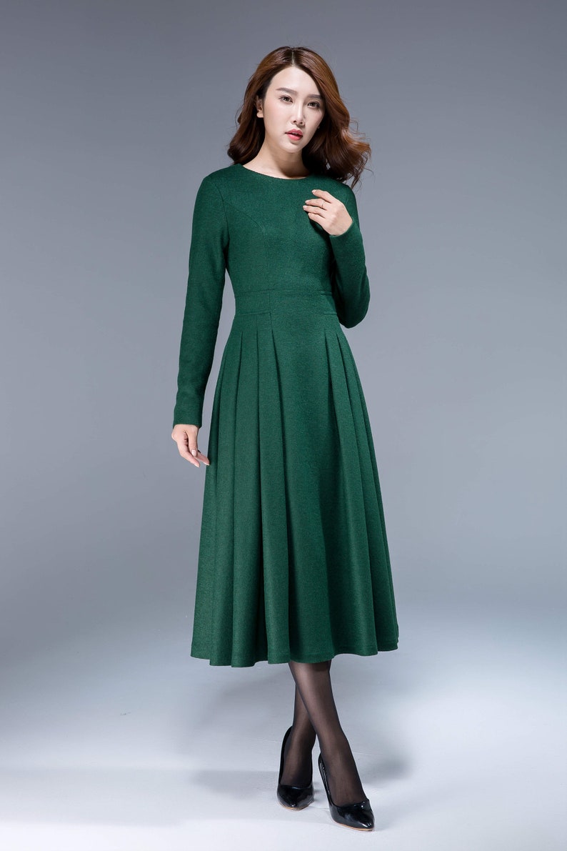 Long black dress, wool dress, winter dress, long women dresses, pleated dress, handmade dress, ladies dresses, long sleeve dress 1614 2-Green