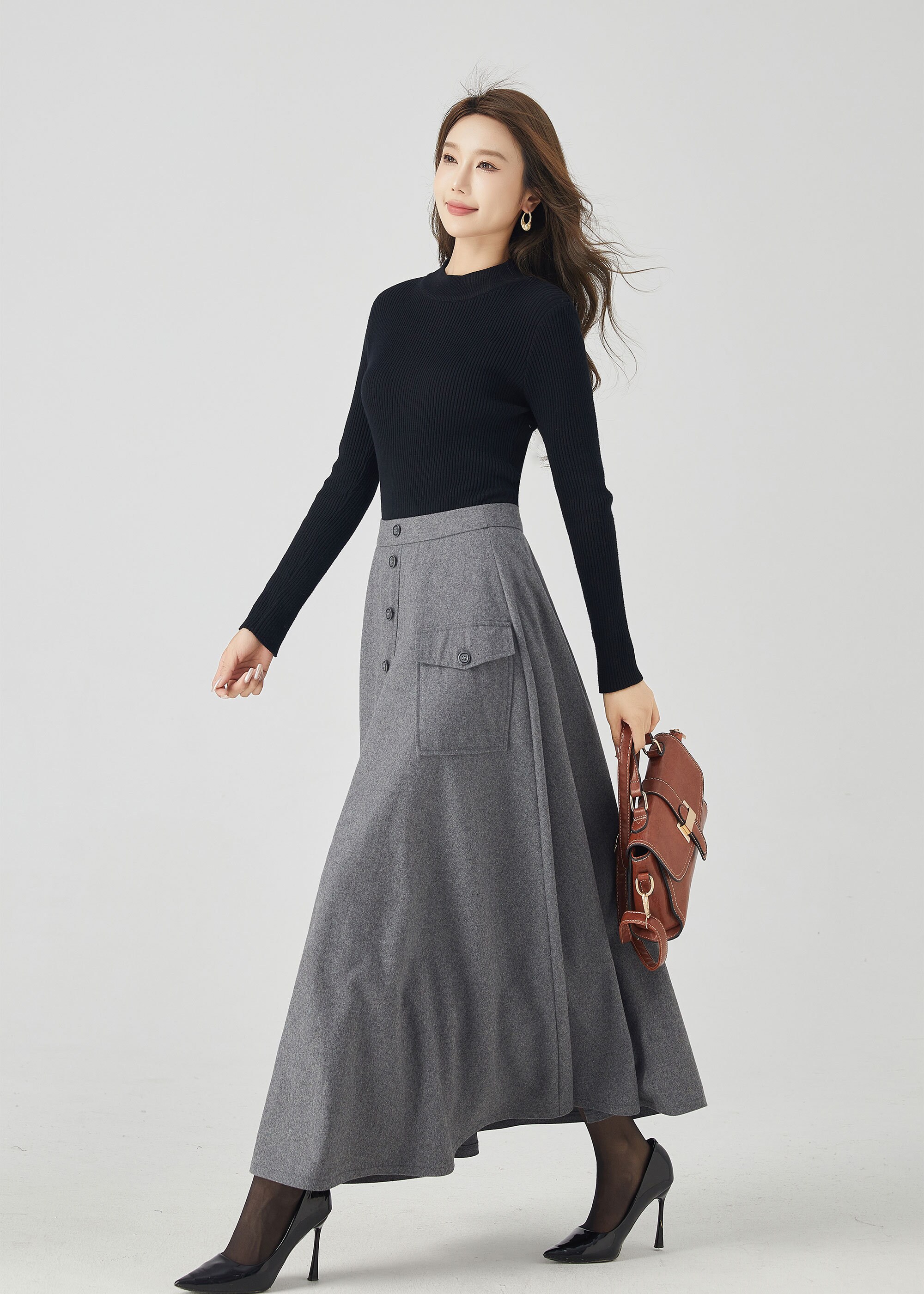 Long Wool Skirt, Maxi Wool Skirt, A-line Skirt, Gray Wool