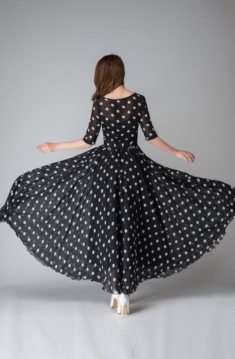 Polka Dot Maxi Chiffon Dress Women, Fit and Flare Dress, Swing Chiffon Long Maxi Dress with sleeve, Wedding Dress, Summer Boho Dress 1534 image 5