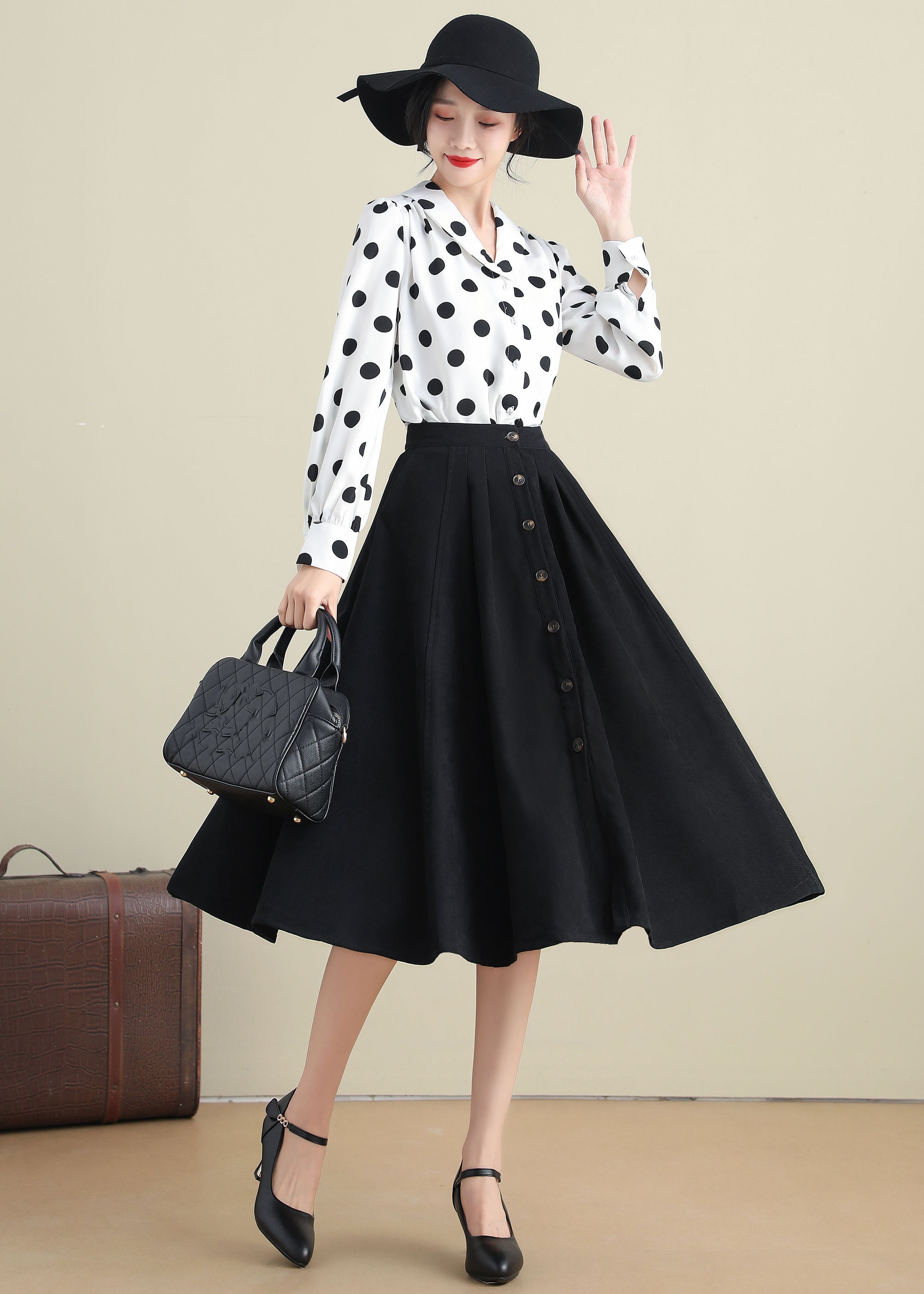 Black Button Front Skirt Midi, A Line Pleated Skirt With