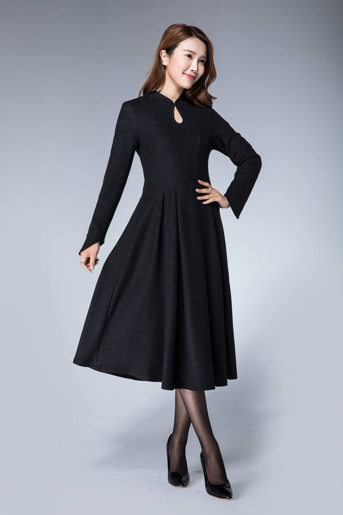 50s dress black wool dress pleated dress winter dress | Etsy