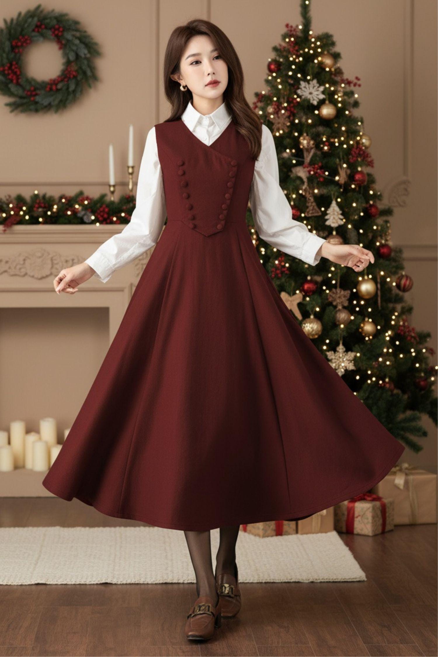 Handmade Wool Blend Pinafore Dress - Sleeveless A-line Midi