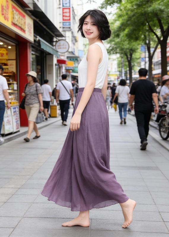 Purple Linen Cotton Maxi Skirt, Women's A-line Flowy Boho Summer