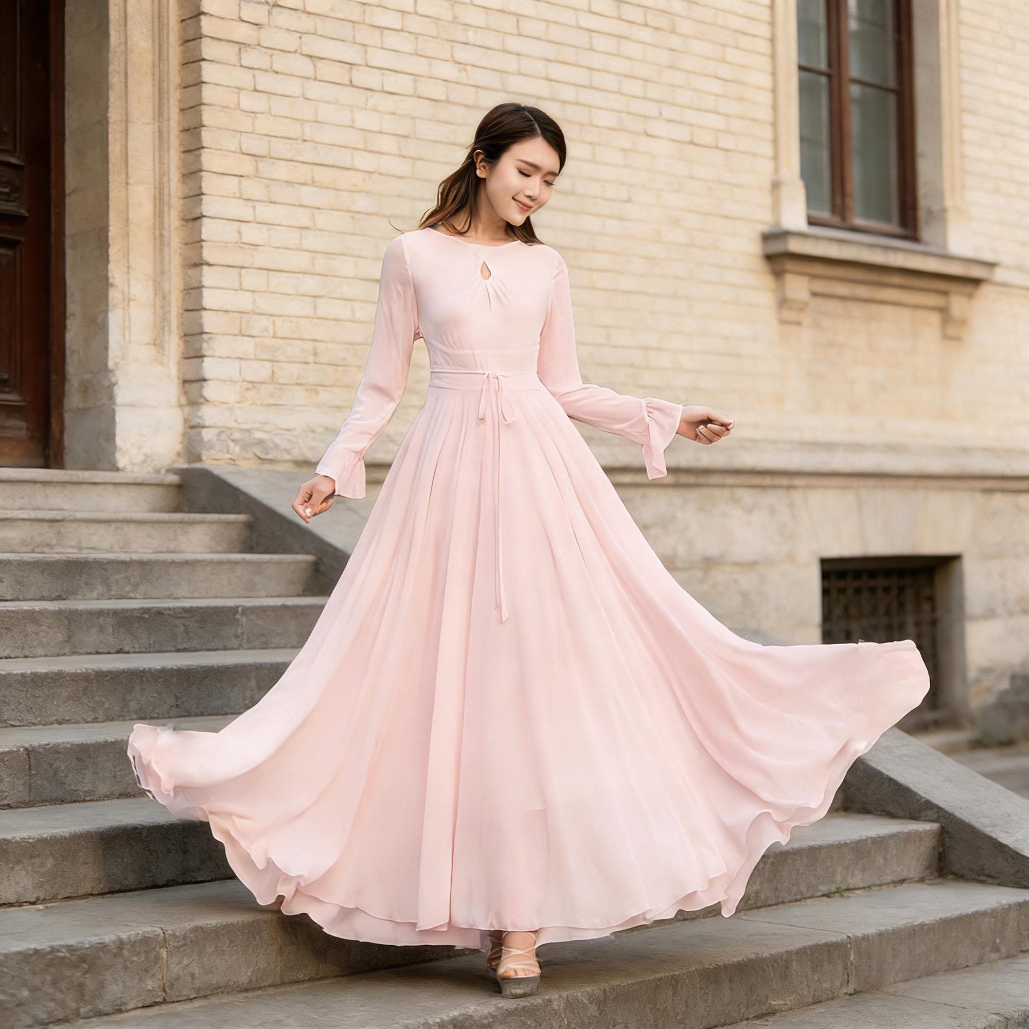 White Chiffon Maxi Dress, Long Sleeve Bohemian Fit and Flare Beach  Bridesmaid Gown, Xiaolizi 2622 - Etsy