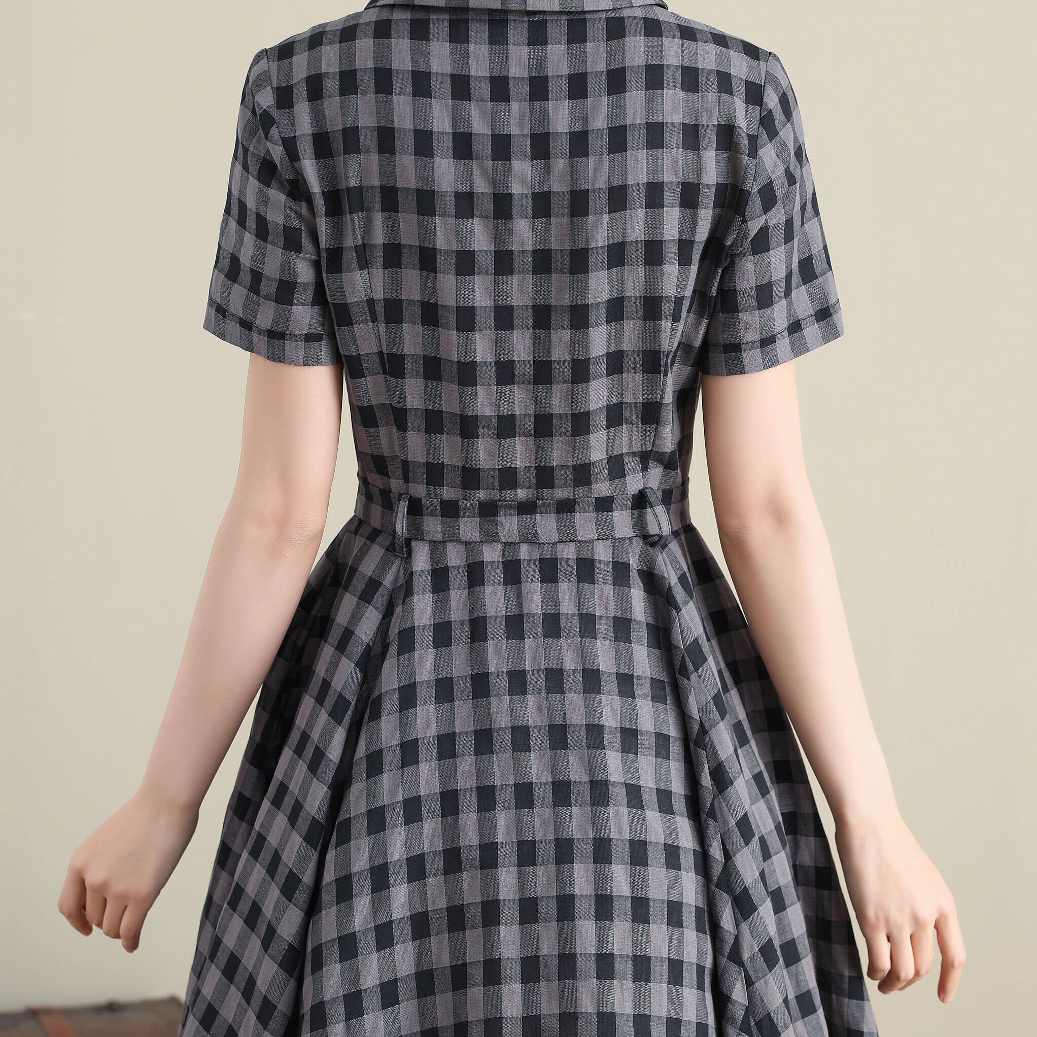 Checked Linen Shirt Dress, Women's Spring Summer Belted Checked Linen Shirt Dress, Women's Spring Summer Belted