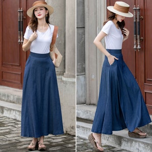 Women's Causal Blue Plus Size Linen Long Skirt with Pockets 277501 Women's Causal Blue Plus Size Linen Long Skirt with Pockets 277501